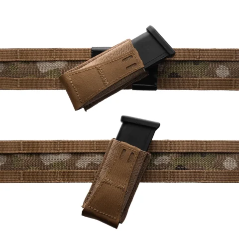 Angled pistol magazine pouch mounted on a first-line battle belt, showing forward cant for improved access and reduced interference