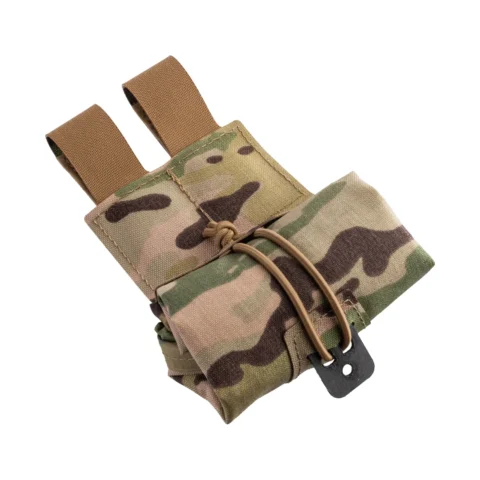 Compact dump pouch folded and secured on a first-line belt, designed to stay out of the way until needed